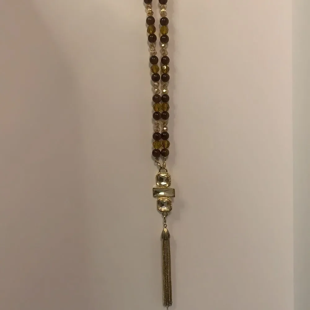 Long‎ Brown Gold Beaded Necklace with Tassels 24 Inches Long